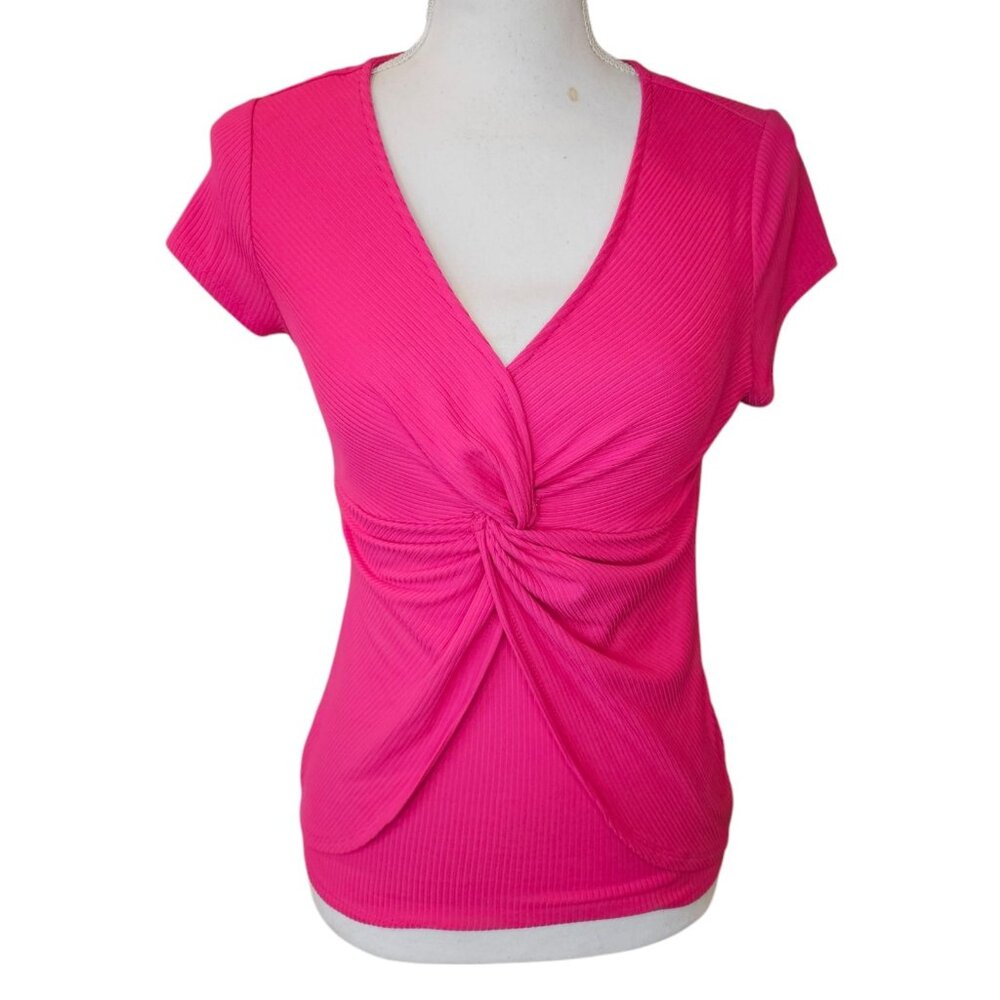Retro Y2K Pink Ribbed Fitted Top Shirt‎ Criss Cross Ruched Sz S Small Stretch